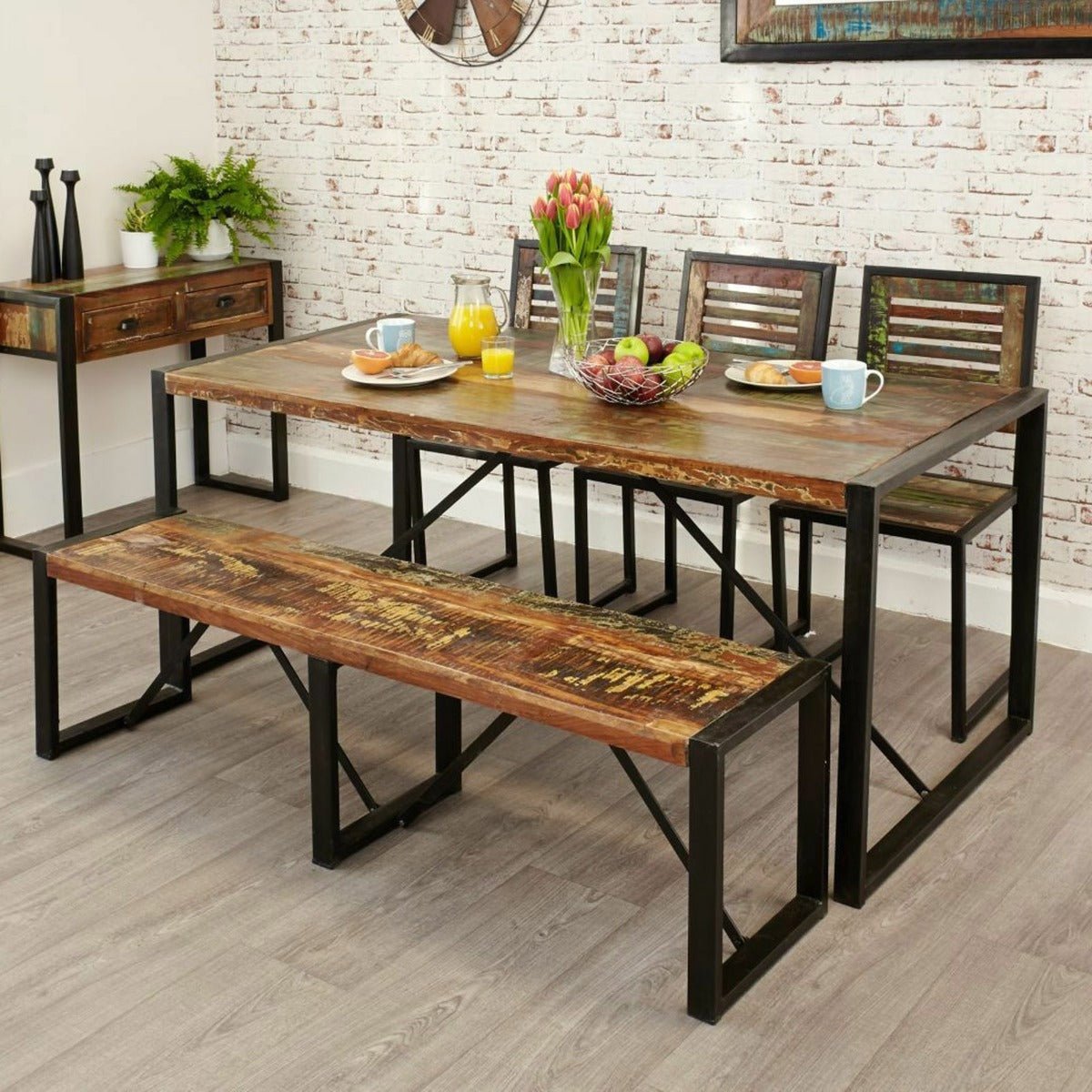 Aspen Reclaimed Wood 6 Seater Dining Set, Table, Bench & Chair – handcrafted solid wood furniture
