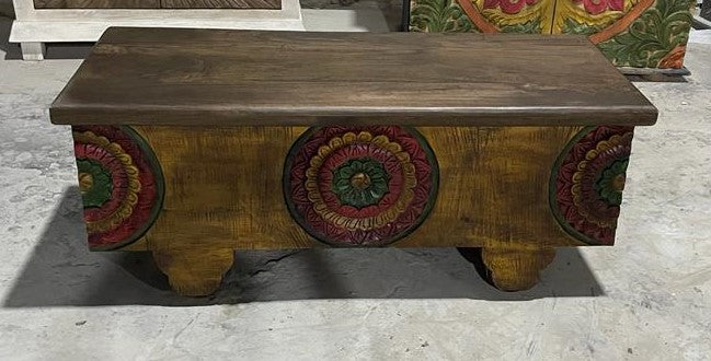 MIYA Antique Style Carved Wood Storage Trunk Coffee Table