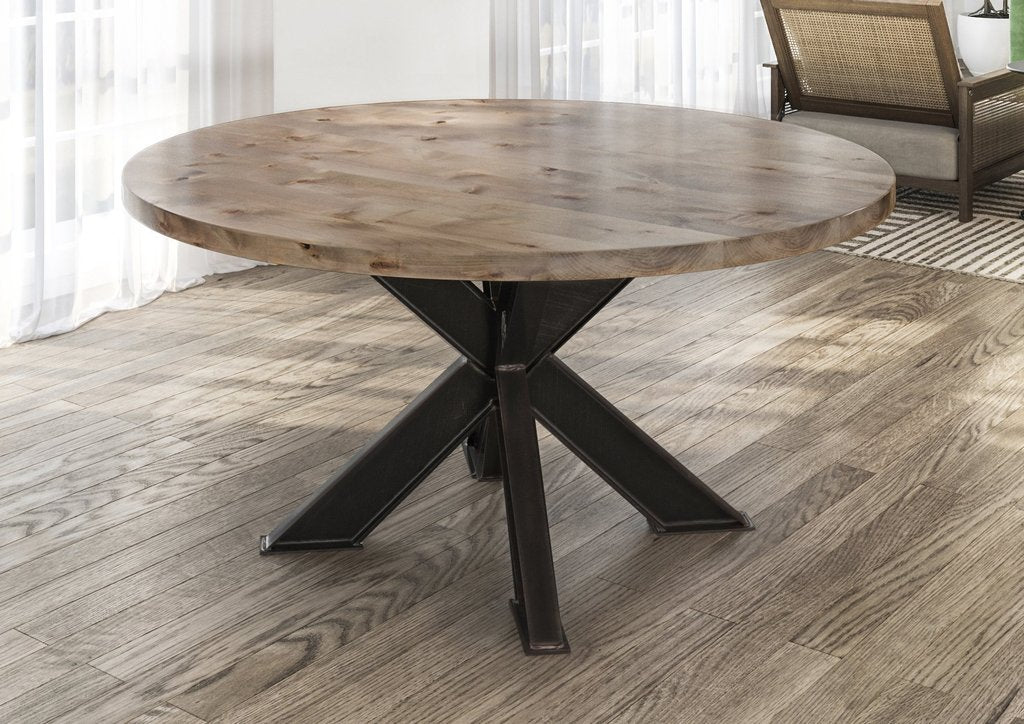 BARAS Round Industrial Steel Pedestal Dining Table – handcrafted solid wood furniture