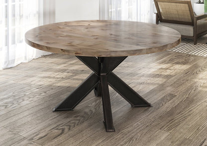 BARAS Round Industrial Steel Pedestal Dining Table – handcrafted solid wood furniture
