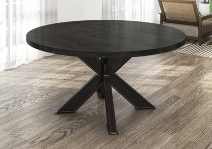 BARAS Round Industrial Steel Pedestal Dining Table – handcrafted solid wood furniture