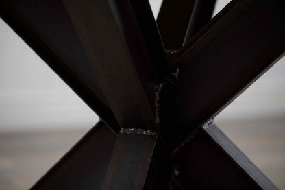 BARAS Round Industrial Steel Pedestal Dining Table – handcrafted solid wood furniture