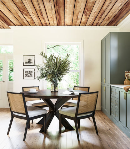 BARAS Round Industrial Steel Pedestal Dining Table – handcrafted solid wood furniture