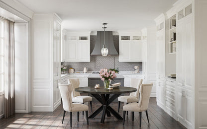 BARAS Round Industrial Steel Pedestal Dining Table – handcrafted solid wood furniture