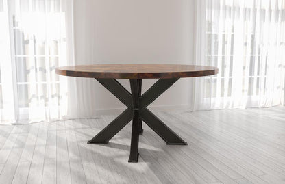 BARAS Round Industrial Steel Pedestal Dining Table – handcrafted solid wood furniture