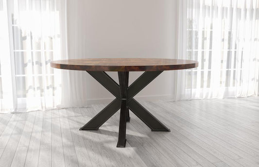 BARAS Round Industrial Steel Pedestal Dining Table by Hibashi Furniture – handcrafted solid wood furniture made in India