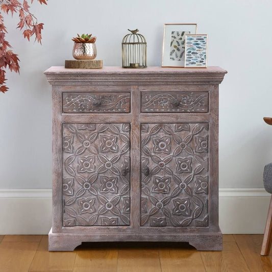 BATAAN Hand - carved Solid Wood Vintage 2 Drawer Rustic Storage Cabinet – handcrafted solid wood furniture