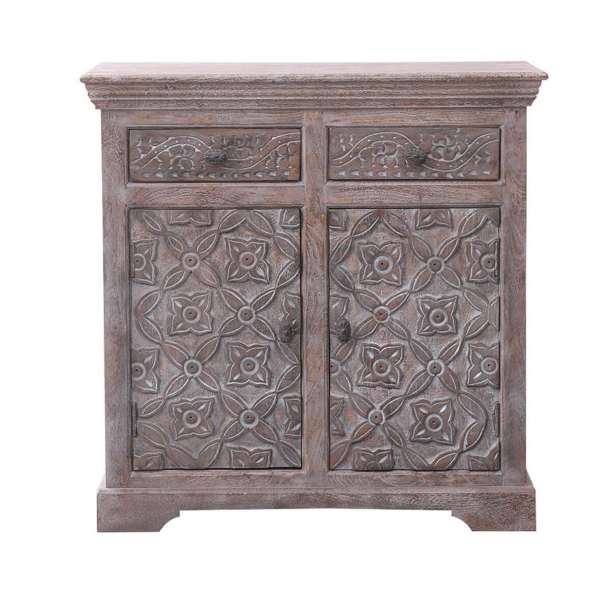 BATAAN Hand - carved Solid Wood Vintage 2 Drawer Rustic Storage Cabinet – handcrafted solid wood furniture