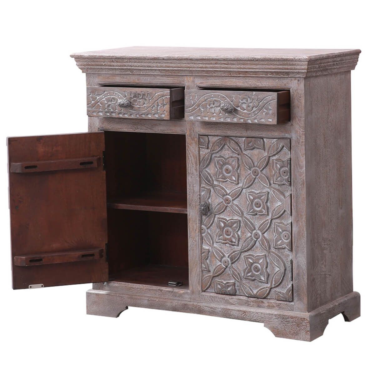 BATAAN Hand - carved Solid Wood Vintage 2 Drawer Rustic Storage Cabinet – handcrafted solid wood furniture