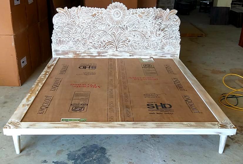 Bohemian Style Hand carved Indian Wooden Floral Platform Bed – handcrafted solid wood furniture