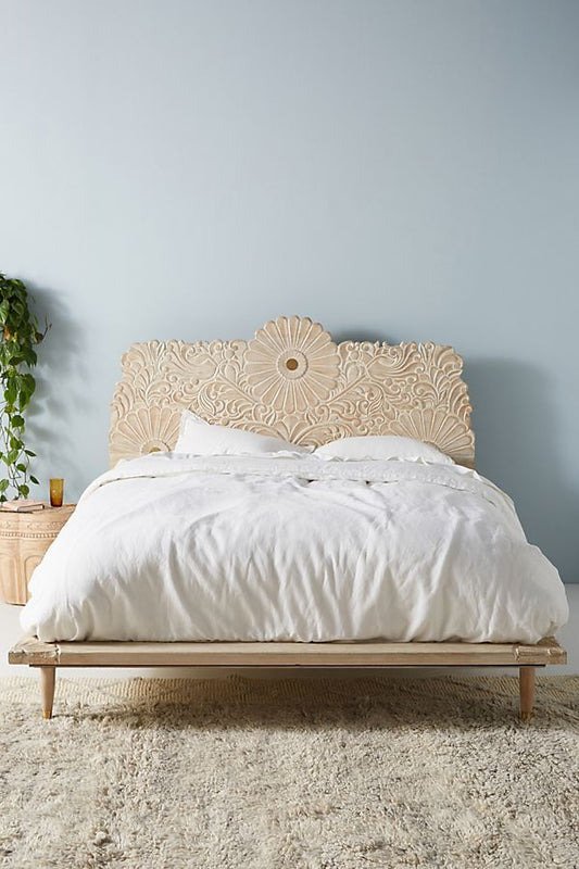 Bohemian Style Hand carved Indian Wooden Floral Platform Bed – handcrafted solid wood furniture