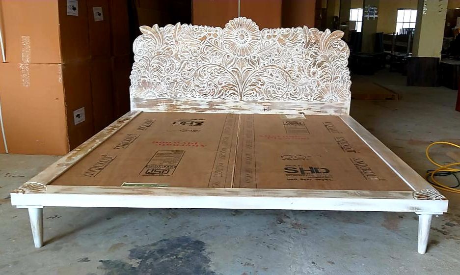 Bohemian Style Hand carved Indian Wooden Floral Platform Bed – handcrafted solid wood furniture