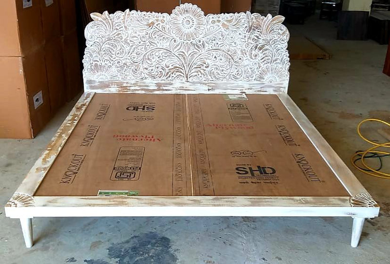 Bohemian Style Hand carved Indian Wooden Floral Platform Bed