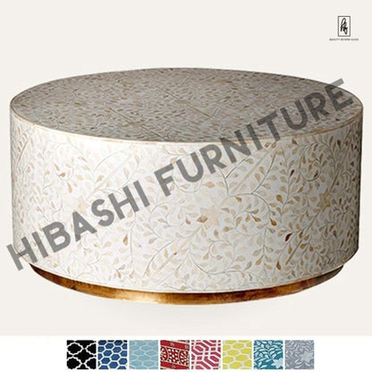 BONE INLAY BRASS ROUND DRUM COFFEE TABLE – handcrafted solid wood furniture