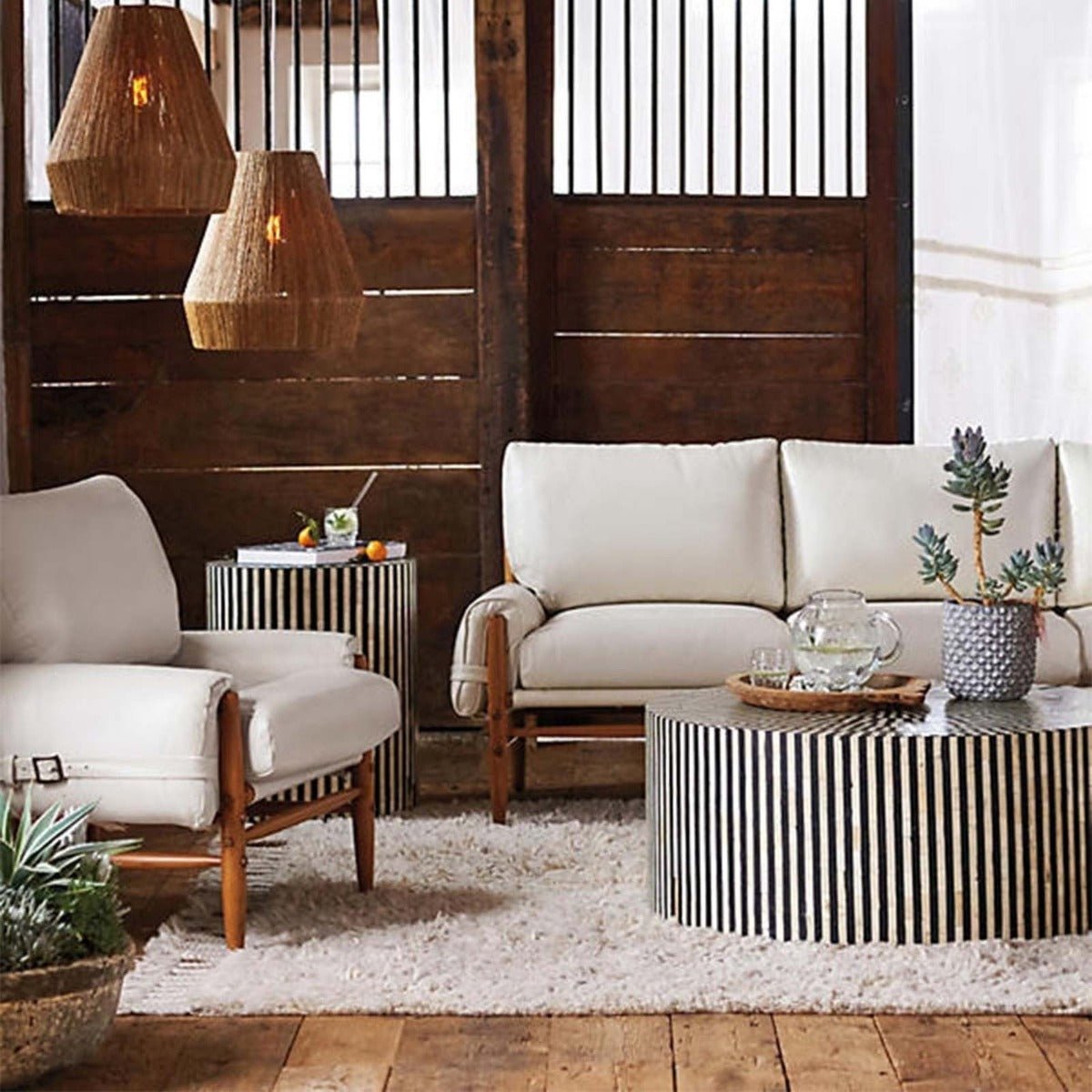 Bone Inlay Drum End & Side Tables - Strips, Large – handcrafted solid wood furniture