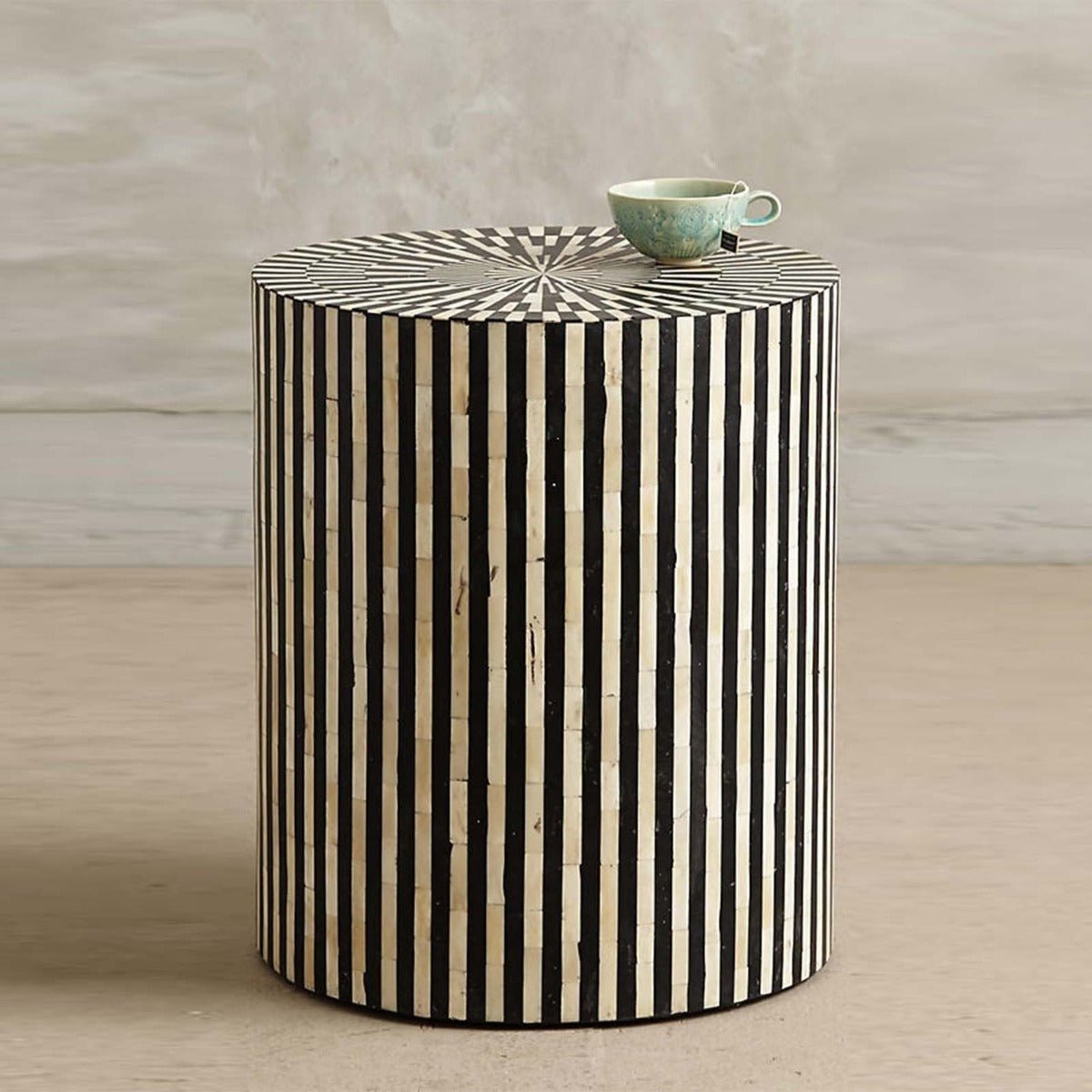 Bone Inlay Drum End & Side Tables - Strips, Large – handcrafted solid wood furniture