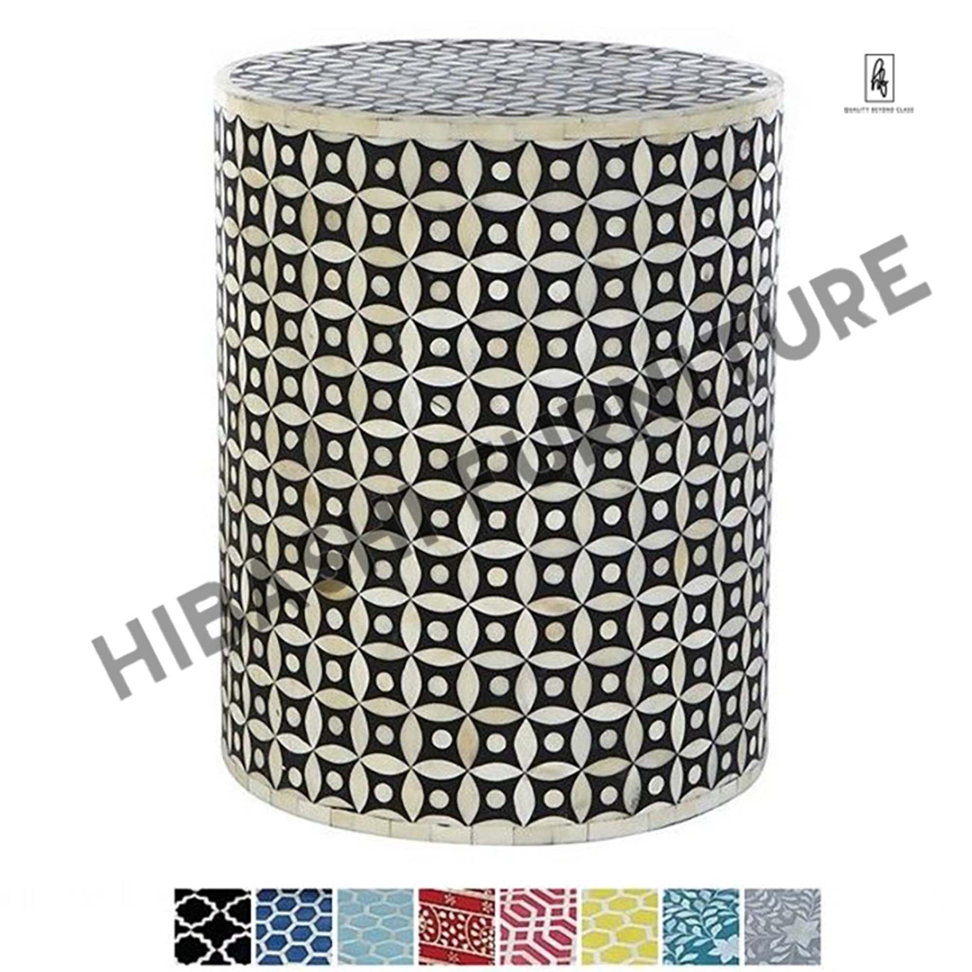 Bone Inlay Geometry Design Round Side Table – handcrafted solid wood furniture