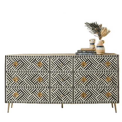 Bone Inlay Handmade Dresser of Drawer Black and white color with 9 drawers—handcrafted solid wood furniture