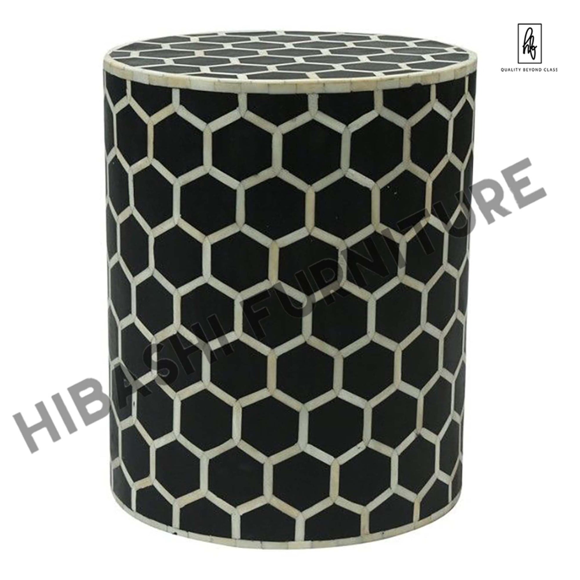 BONE INLAY ROUND DRUM SIDE TABLE HONYCOMB - LARGE – handcrafted solid wood furniture