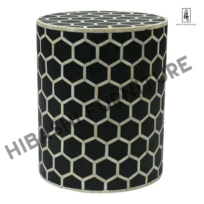BONE INLAY ROUND DRUM SIDE TABLE HONYCOMB - LARGE – handcrafted solid wood furniture