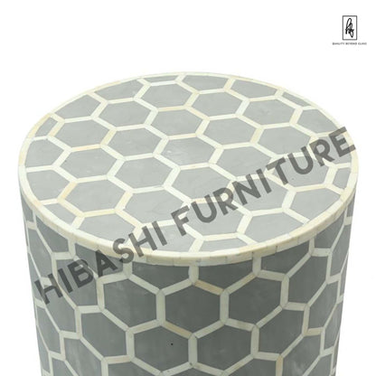 BONE INLAY ROUND DRUM SIDE TABLE HONYCOMB - LARGE – handcrafted solid wood furniture