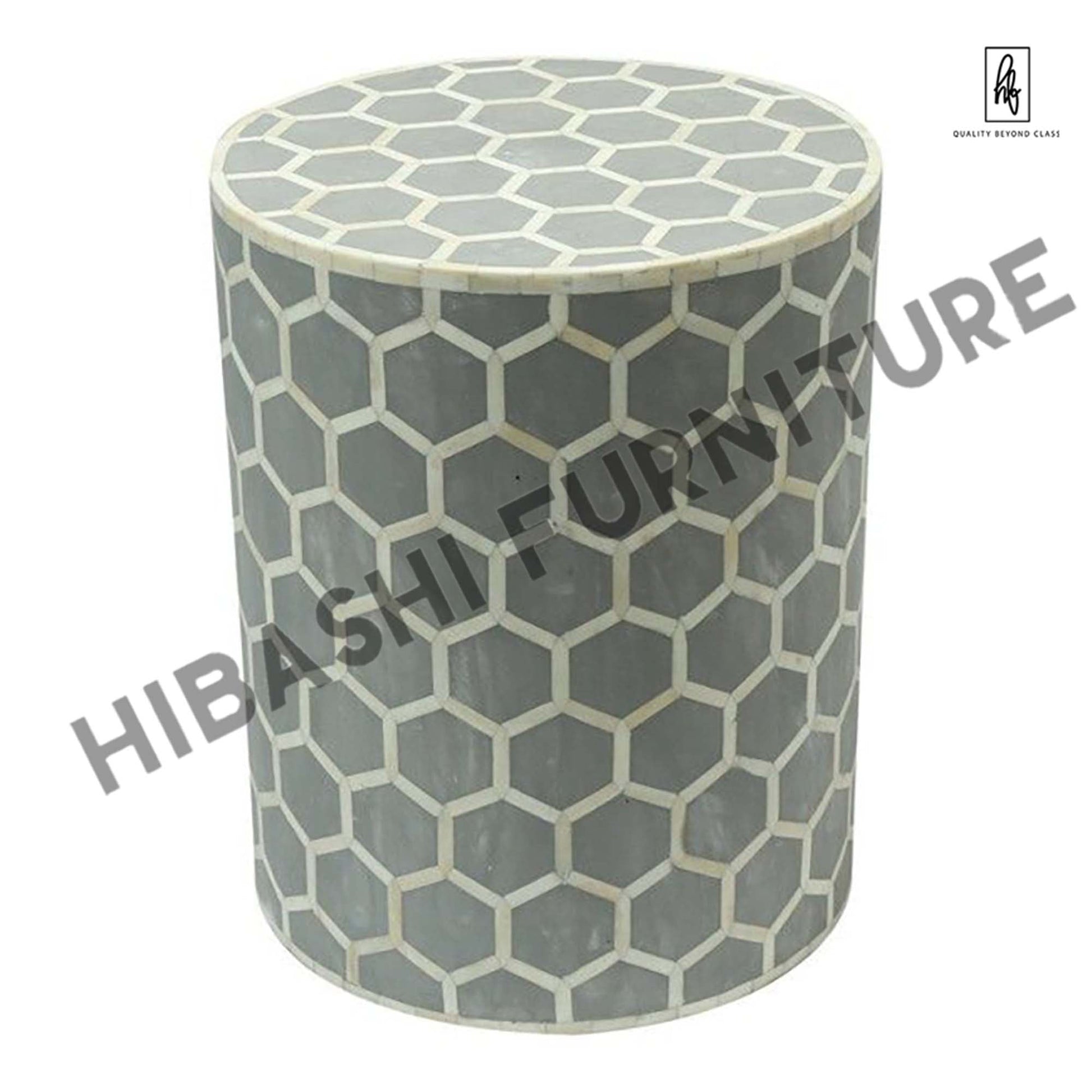 BONE INLAY ROUND DRUM SIDE TABLE HONYCOMB - LARGE – handcrafted solid wood furniture