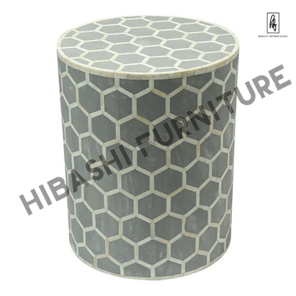 BONE INLAY ROUND DRUM SIDE TABLE HONYCOMB - LARGE – handcrafted solid wood furniture
