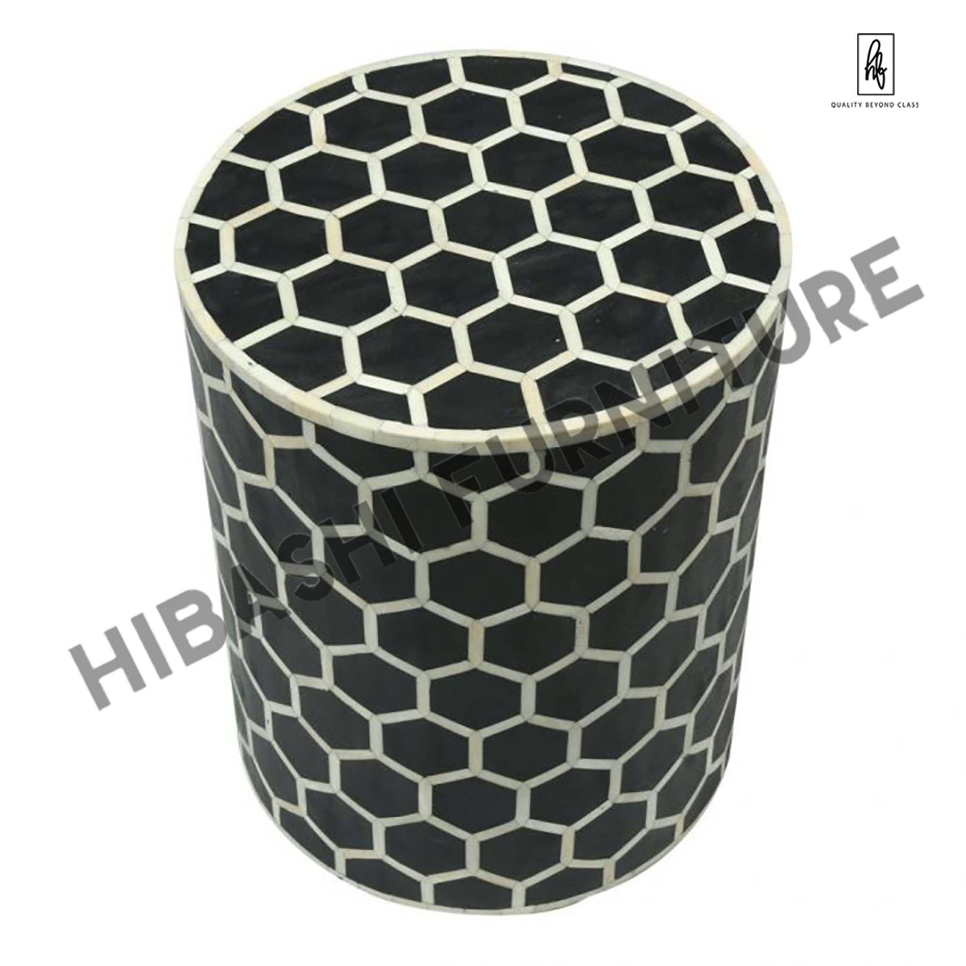BONE INLAY ROUND DRUM SIDE TABLE HONYCOMB - LARGE – handcrafted solid wood furniture
