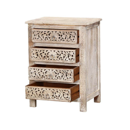 Hibashi-Antique Hand Carved Bedside Table Whitewash