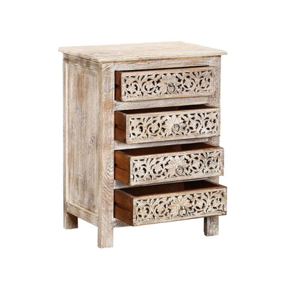 Hibashi-Antique Hand Carved Bedside Table Whitewash