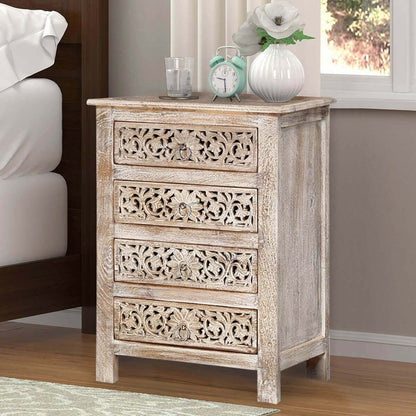 Hibashi-Antique Hand Carved Bedside Table Whitewash
