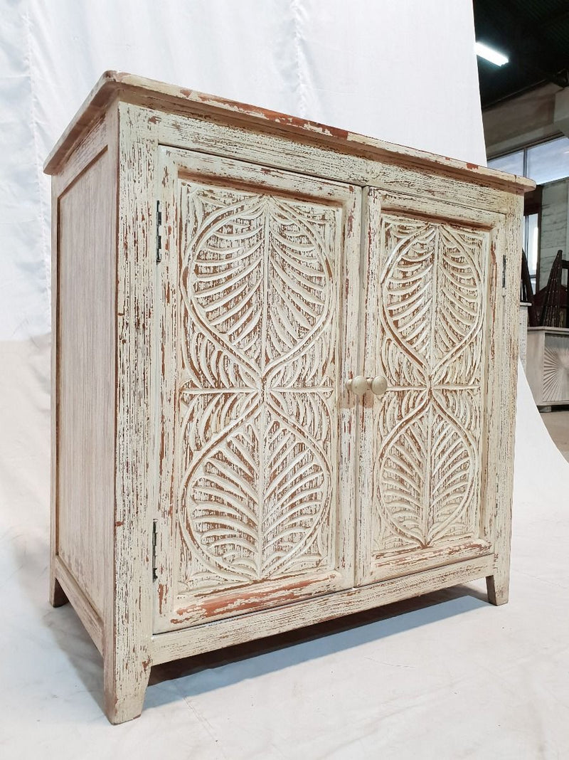 Leaf Design Hand Carved Solid Wooden Cabinet, Storage Sideboard