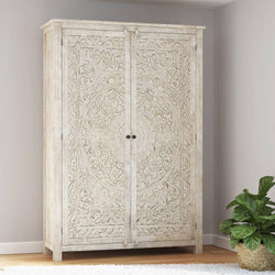 Armario grande blanco de madera maciza tallada a mano Salman – Hibashi  Furniture LLC