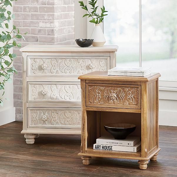 CAPIZ Hand Carved Nightstand – handcrafted solid wood furniture