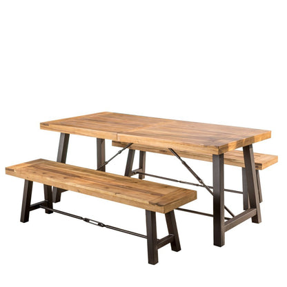 CAVITE Rustic Industrial Outdoor Mango Wood Picnic Dining Set – handcrafted solid wood furniture