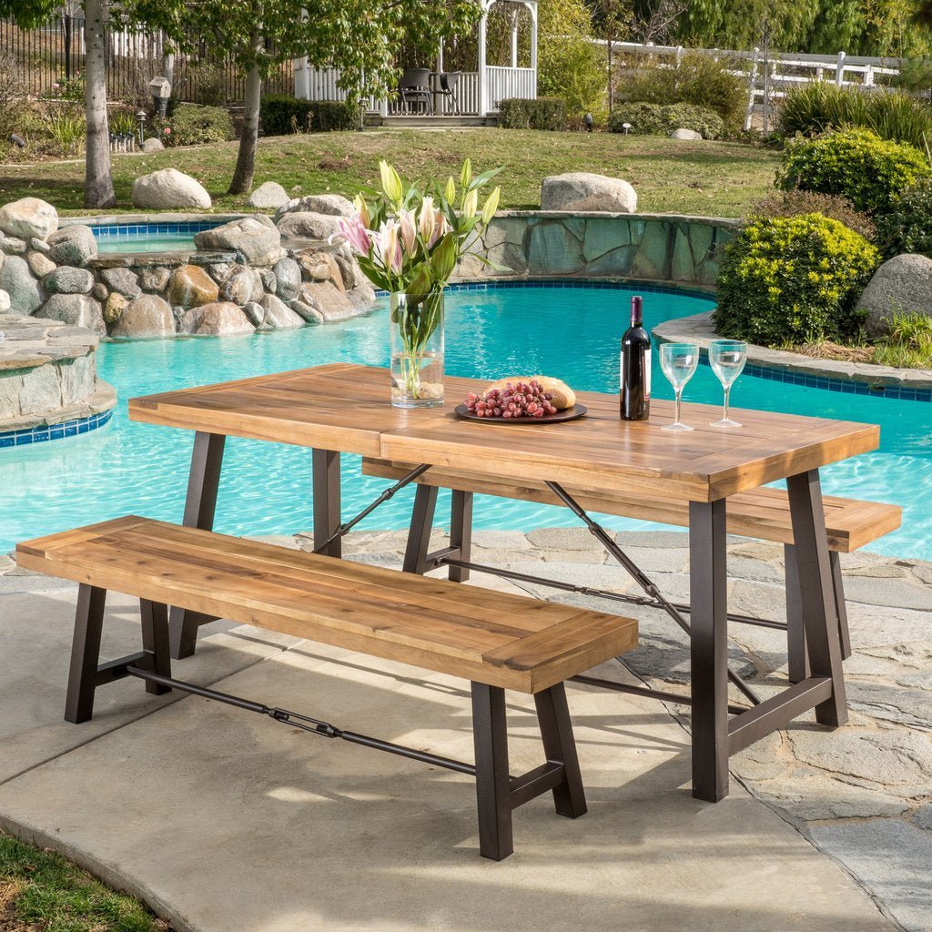 CAVITE Rustic Industrial Outdoor Mango Wood Picnic Dining Set – handcrafted solid wood furniture