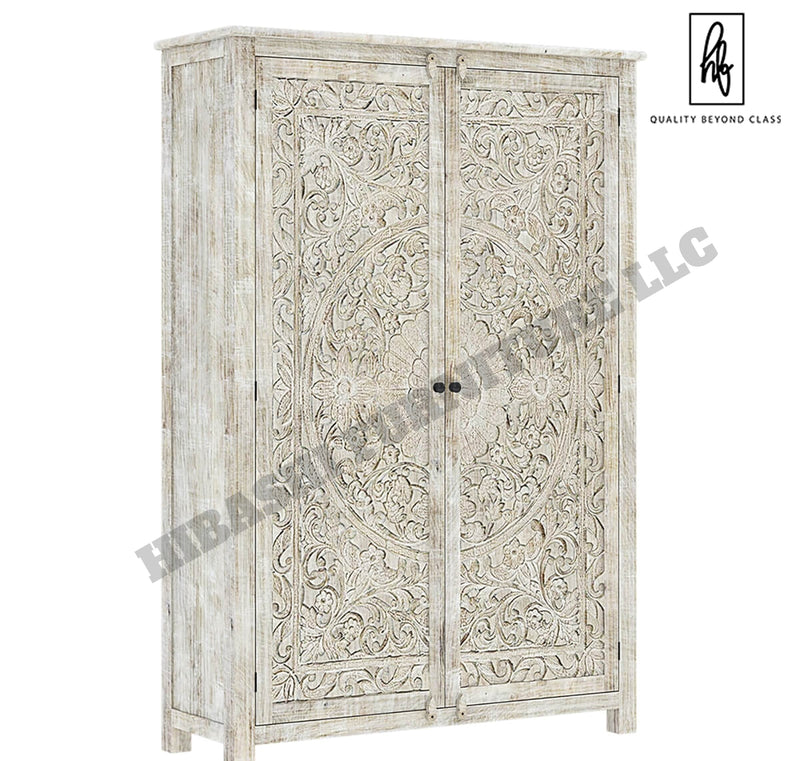 Sunflower Hand carved Solid Wood Large White Wardrobe Armoire