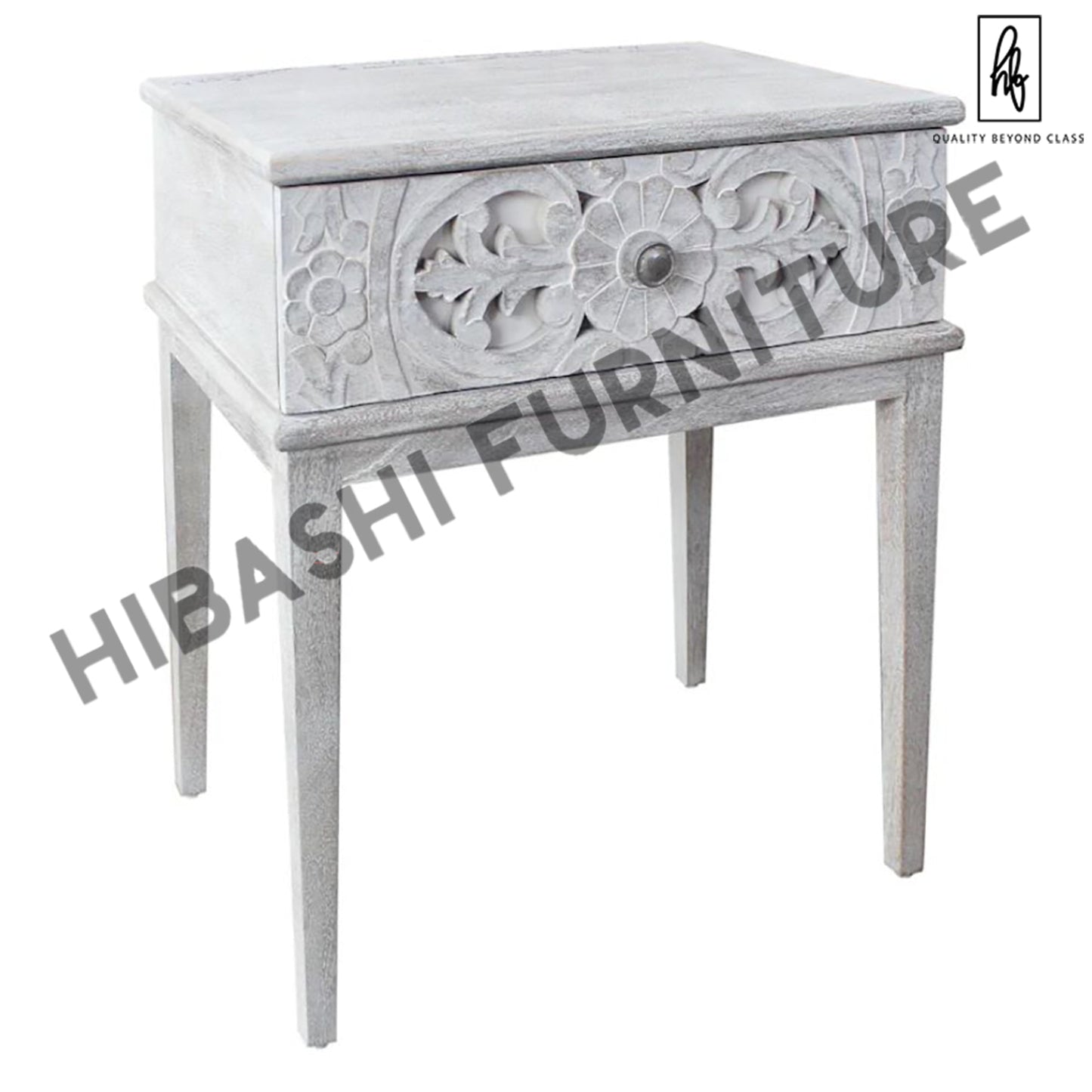 CLARITA Hand Carved Single Drawer Nightstand – handcrafted solid wood furniture