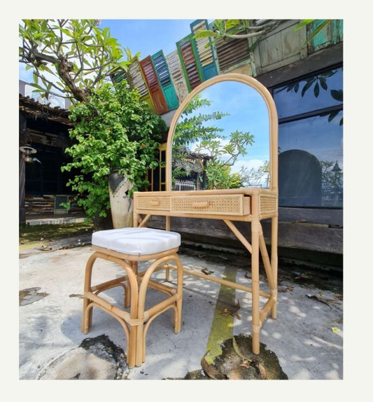 COCO Rattan Dressing Table with Stool – handcrafted solid wood furniture