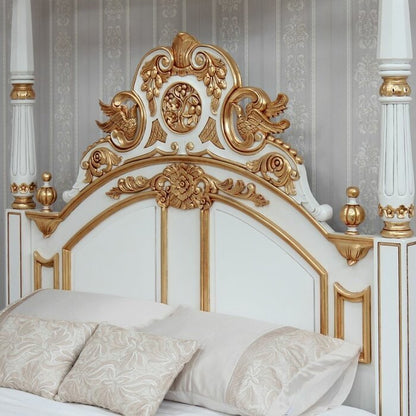 Crown Solid Mango Wood Antique White/Gold Poster Canopy Bed – handcrafted solid wood furniture