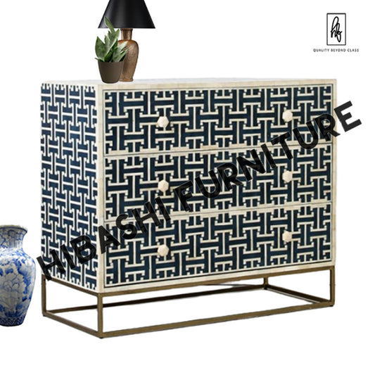 DANA Bone Inlay Chest on Brass Legs INDIGO BLUE – handcrafted solid wood furniture
