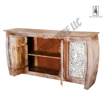 DASMA White Floral Doors Rustic Large Sideboard Cabinet – handcrafted solid wood furniture