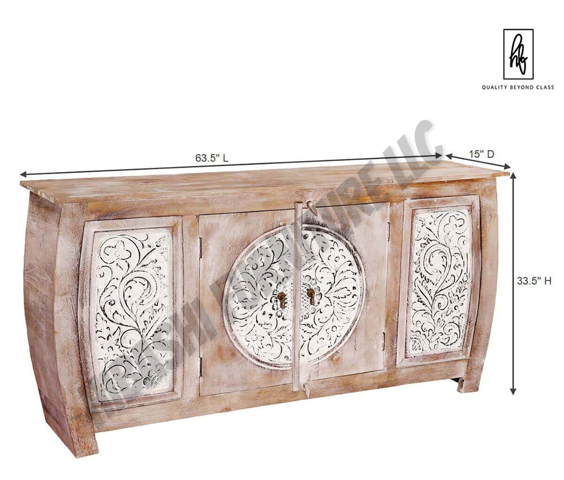 DASMA White Floral Doors Rustic Large Sideboard Cabinet – handcrafted solid wood furniture