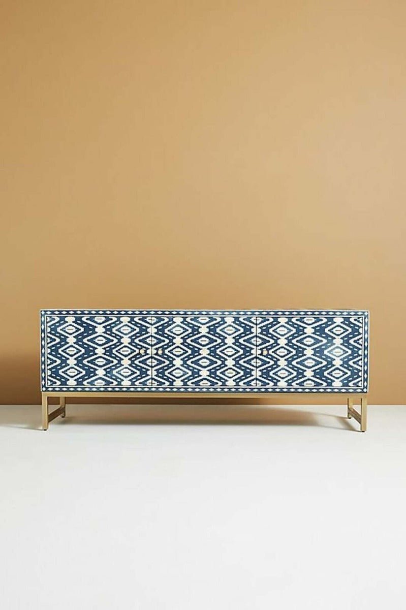 Diamond Bone Inlay Media Console in Blue – handcrafted solid wood furniture