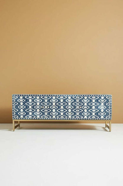 Diamond Bone Inlay Media Console in Blue – handcrafted solid wood furniture