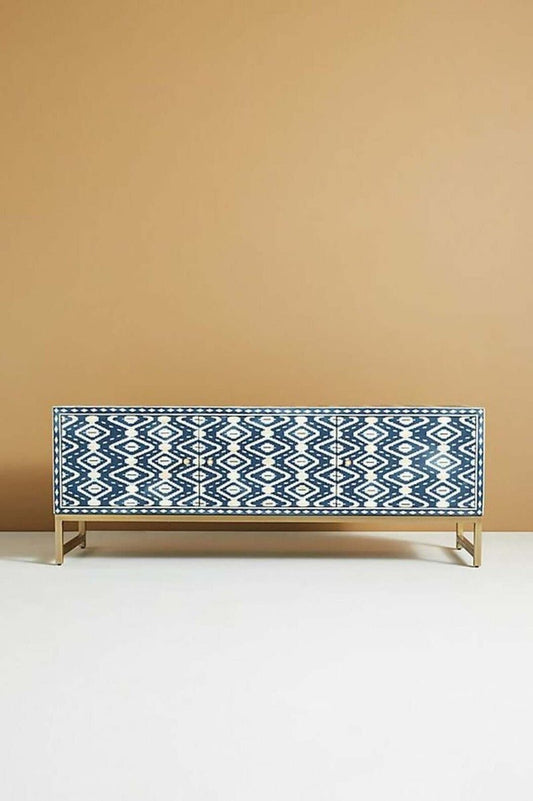 Diamond Bone Inlay Media Console in Blue – handcrafted solid wood furniture