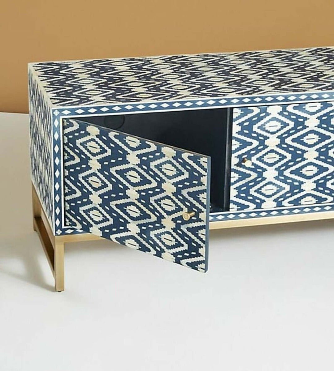 Diamond Bone Inlay Media Console in Blue – handcrafted solid wood furniture