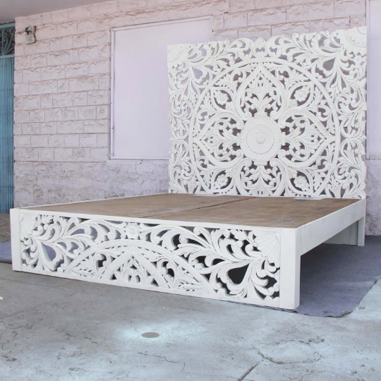 Amani Hand Carved Indian Somier de madera maciza Blanco