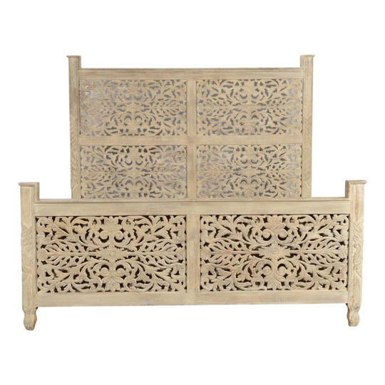 Marco de cama de madera maciza india tallada a mano con diseño de peonía King/Queen.