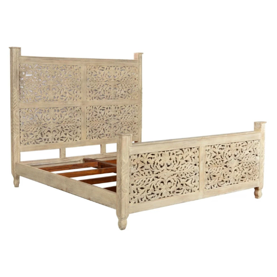 Marco de cama de madera maciza india tallada a mano con diseño de peonía King/Queen.